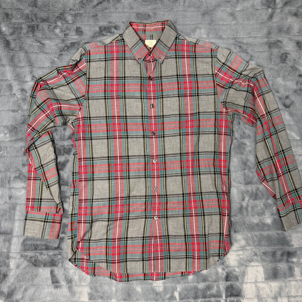 J.Crew Button Down Shirt Mens Small Grey Red Plaid 2-Ply Cotton Long Sleeve 3918
